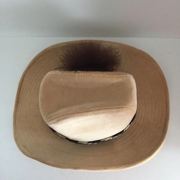 Vintage Womens Stetson Cowboy Western Hat Corduroy Cotton Feather Beige 6-3/4 - Picture 9 of 12